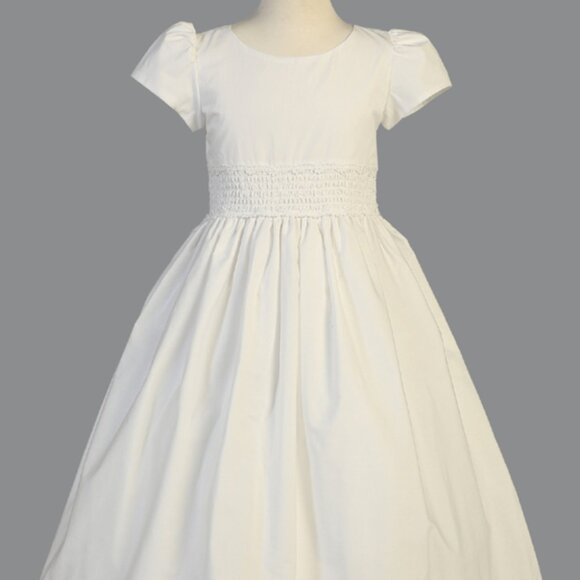 Size 10 - Girls White First Communion Dress w/ Smocked cotton (108) - Picture 4 of 4